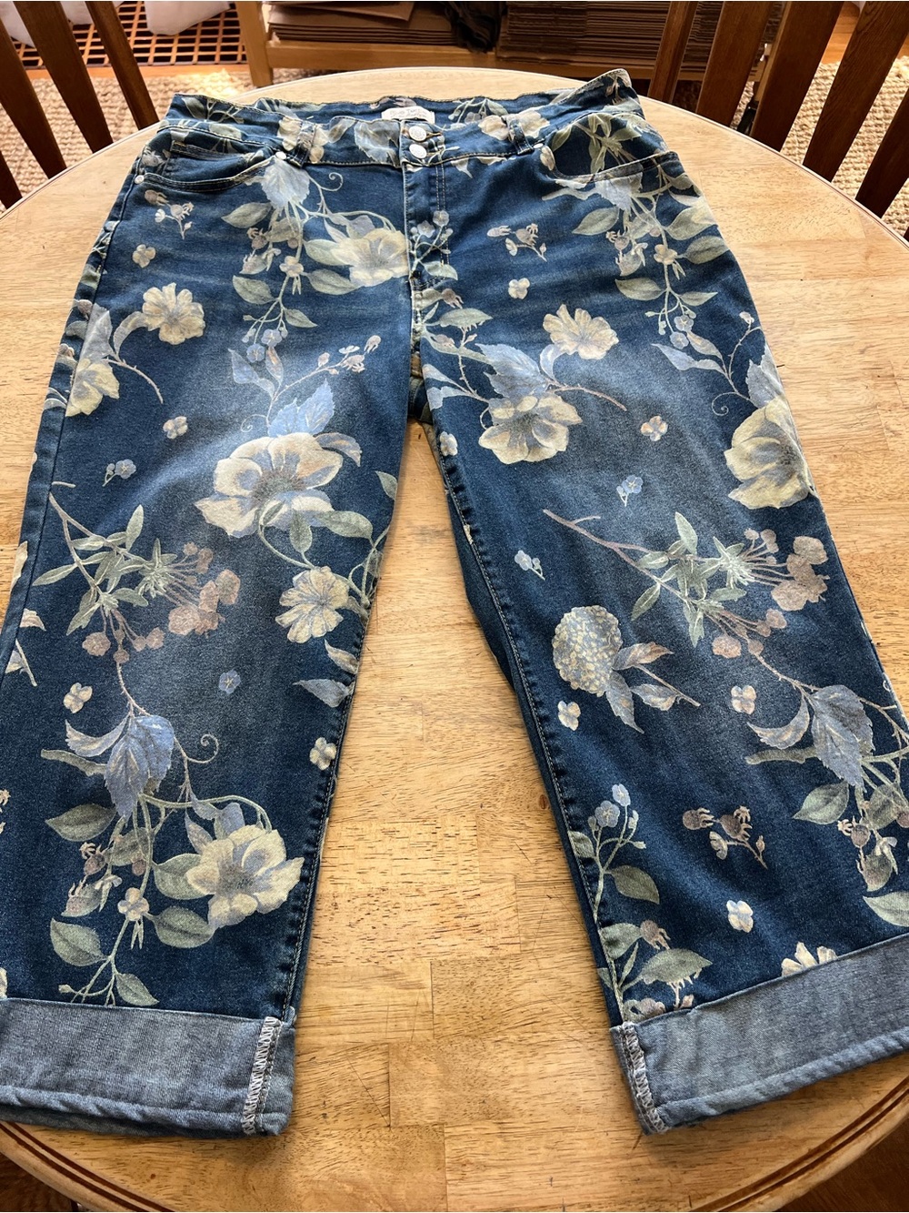 Floral Print Women's Jeans - Blue with Cream & Green Floral